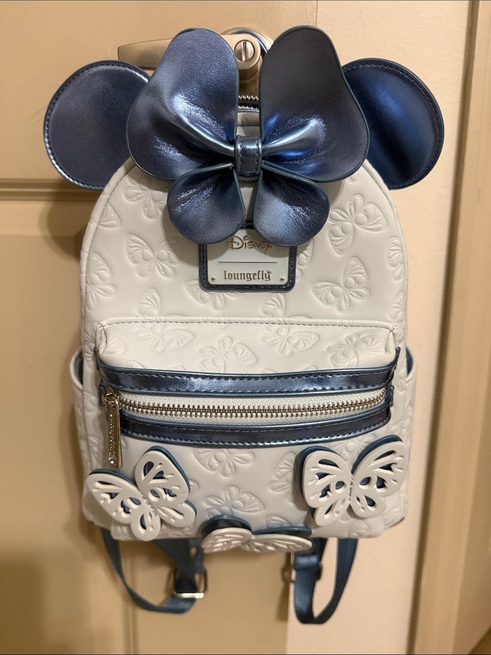 Loungefly Light Blue and Navy Butterfly Mini Backpack with Metallic Bow